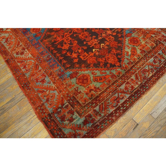 Beautiful Brown Background With Firey Reds and Sky Blue Antique Tribal and Rustic Turkish Kula Rug For Sale - Image 4 of 9