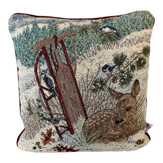 Vintage Rustic Winter Woodland Animal & Birds Tapestry Pillow by Riverdale For Sale