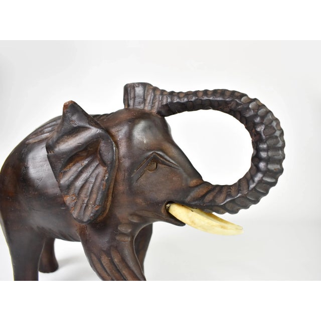Mid 20th Century Hand Carved Solid Wood Mother and Baby Elephant Trunk Up Figurines - a Pair For Sale - Image 5 of 12