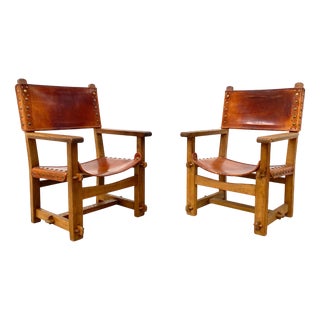 Vintage French Brutalist Castle Armchairs in Oak and Cognac Leather, 1920s, Set of 2 For Sale