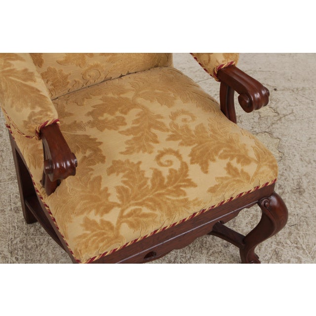Pair French Oak Carved Wing Back Damask Chairs For Sale - Image 10 of 18