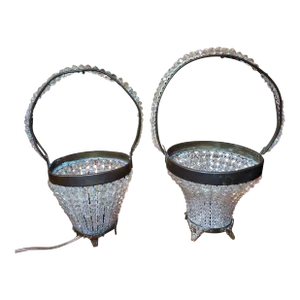 1910's Antique Art Nouveau Cut Crystal Beaded Basket Table Lamps Set of 2
