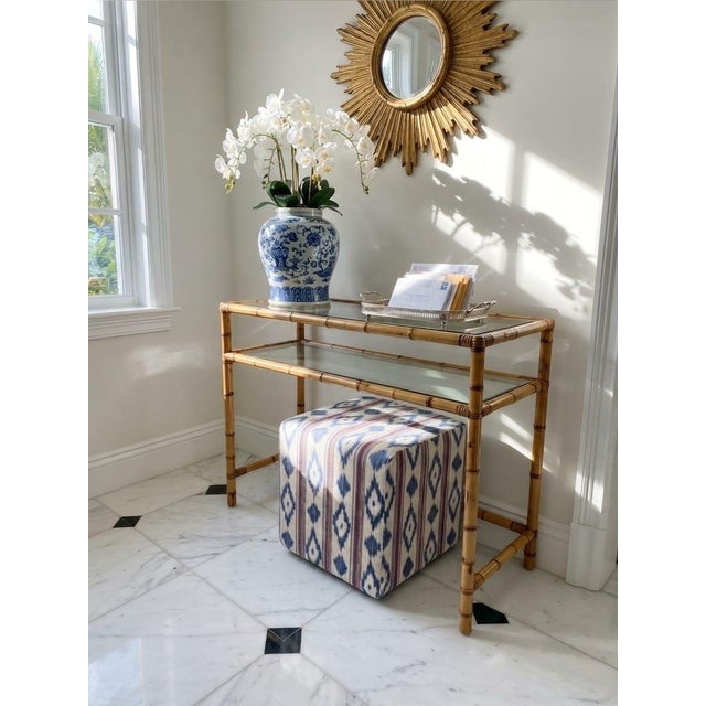 Textile Vintage Blue and Indigo Ikat Pattern Upholstered Cube Ottoman For Sale - Image 7 of 12