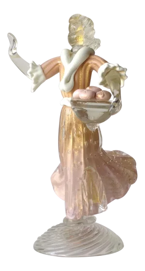 Vintage C.1930''s Barovier E Toso Murano Female Sculpture With Flared Skirt & Fruit Bowl in Arm