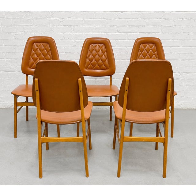 Wood Set of 5 - Mid Century Modern Scandinavian Dining Chairs | Diamond Stitched Upholstery, C. 1960's For Sale - Image 7 of 14