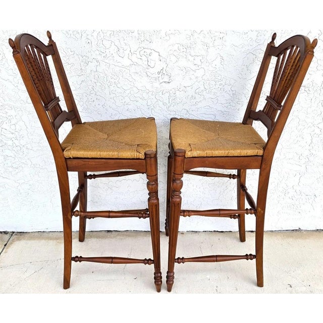Ethan Allen Country French Wheat Sheaf Back Rush Seat Bar Stools Set of 2 For Sale - Image 15 of 18