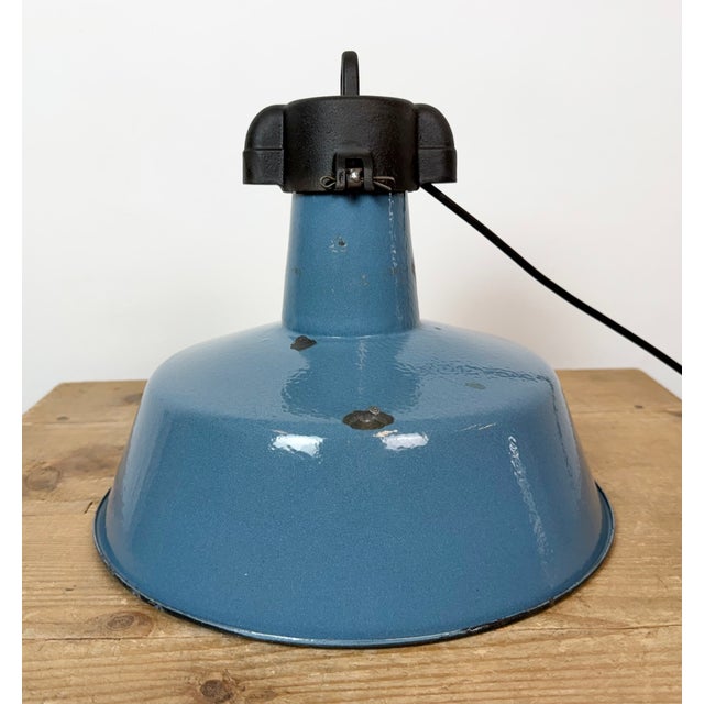 Industrial Blue Enamel Factory Lamp with Cast Iron Top, 1960s For Sale - Image 13 of 18
