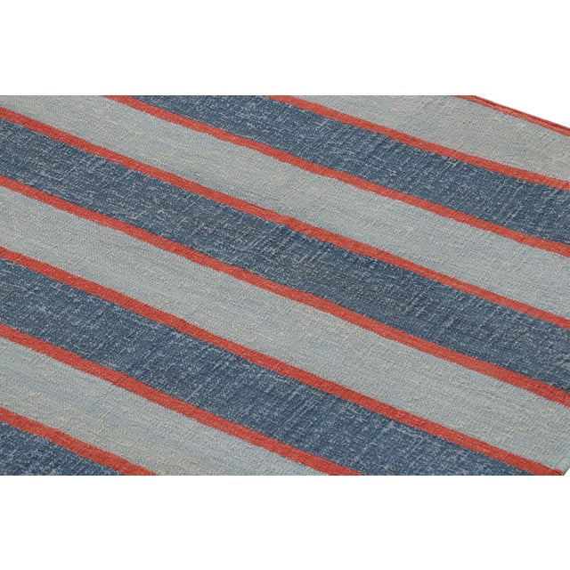 Rug & Kilim’s Contemporary Dhurrie Rug With Blue Stripes and Red Accents For Sale In New York - Image 6 of 7