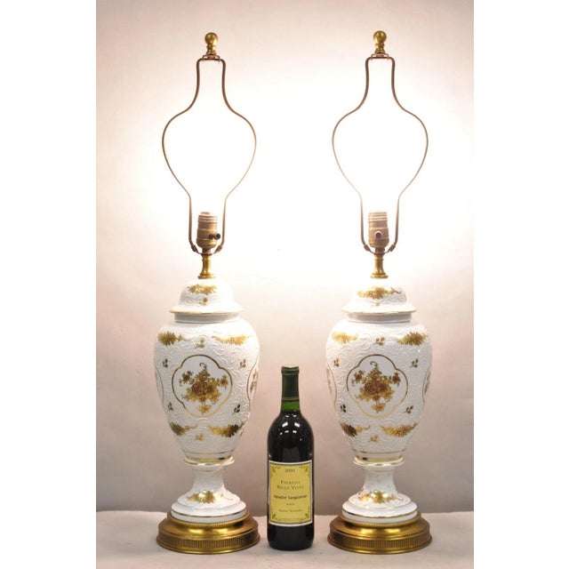 Vintage French Louis XV Style White Porcelain Ginger Jar Hand Painted Gold Flower Table Lamps - a Pair. Circa Mid 20th...
