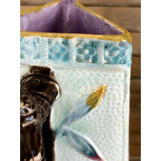 Late 19th Century Antique Victorian Majolica Triangular Pitcher With Birds & Bamboo Handle — Aesthetic Movement, C. 1880s For Sale - Image 5 of 11