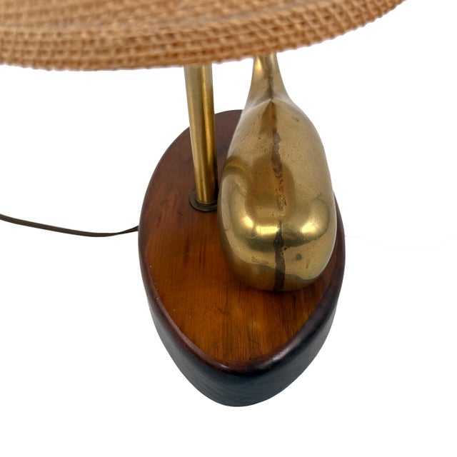 Vintage 1970s Brass Whale Table Lamp W/ Walnut Wood Base & Grasscloth Shade For Sale - Image 15 of 18