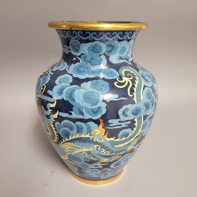 Blue Chinese Cloisonné Vase With Dragon and Phoenix on Blue Ground, Mid-20th Century For Sale - Image 8 of 13