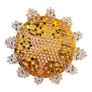 Vintage Brass Sunburst Ceiling Light, Hand-Painted Pink Crystal Beaded Mandala Chandelier, 10-Light Flush Mount For Sale