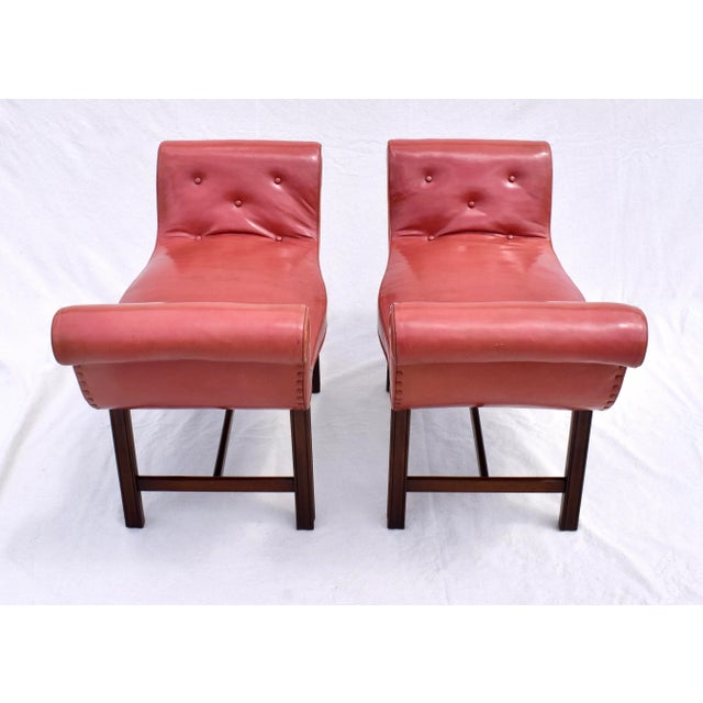 English Antique Chippendale Window Benches, Mahogany & Leather, England, 1940s For Sale - Image 3 of 13