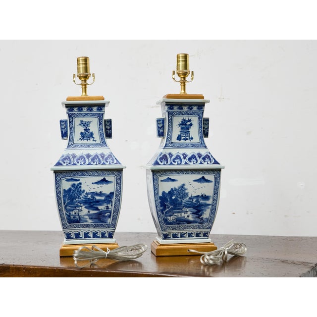 Early 20th Century 1920s Blue and White Porcelain Table Lamps, Asian - Pair For Sale - Image 5 of 11