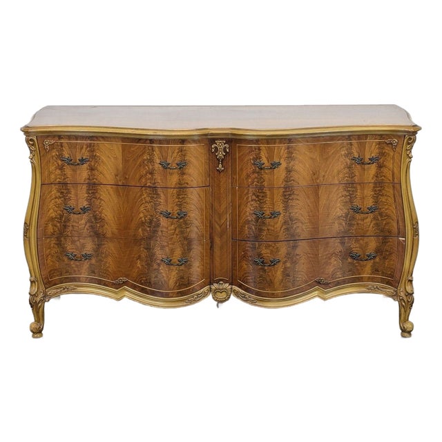 Elegant French Provincial Burl Wood 6-Drawer Dresser For Sale