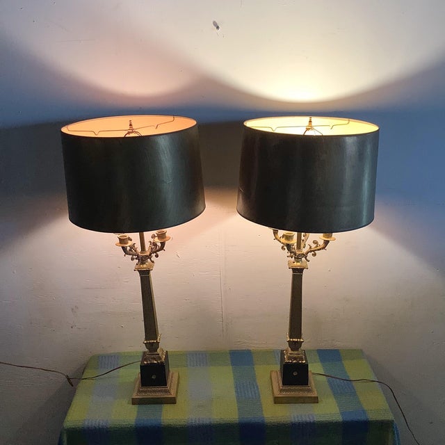 Neoclassical Mid 20th Century Pair of Neoclassical Brass Column Table Lamps in the Charles X Style With Candelabra Arms For Sale - Image 3 of 12