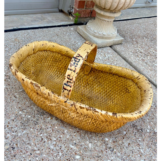1940s Vintage Mustard Painted “The Lady Jane Grey” Large Harvesting Basket - Folk Art For Sale - Image 5 of 10
