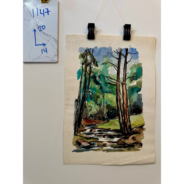 Paper Henry Emil Salloch Original Watercolor on Paper Forest Landscape, 1971. For Sale - Image 7 of 7