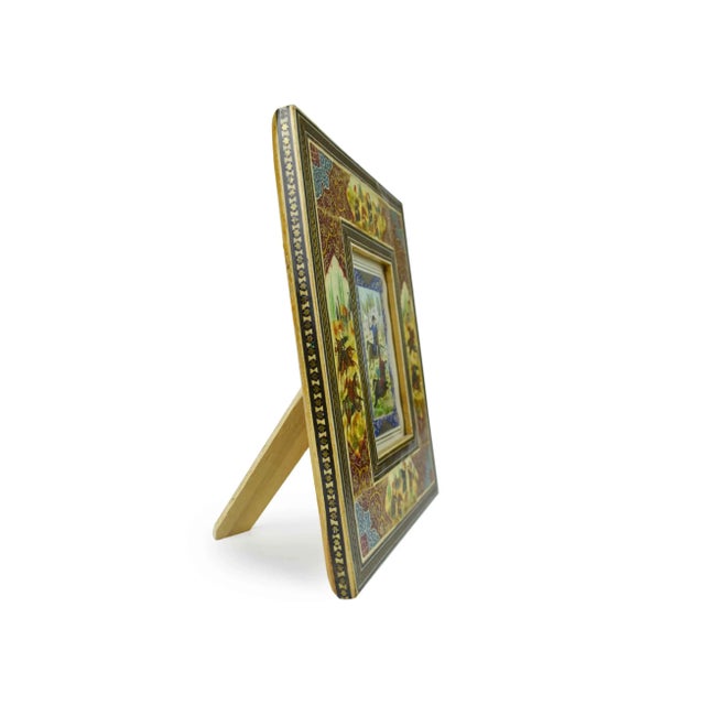 Mid 20th Century Persian Painting With Handmade Inlaid Marquetry Khatam Frame Signed For Sale - Image 6 of 7