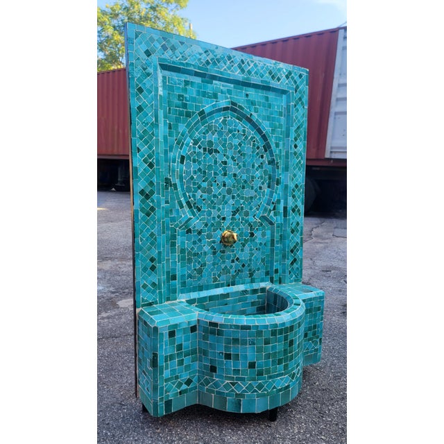 Moroccan Emerald Teal Handmade Moroccan Mosaic Tile Fountain For Sale - Image 3 of 9