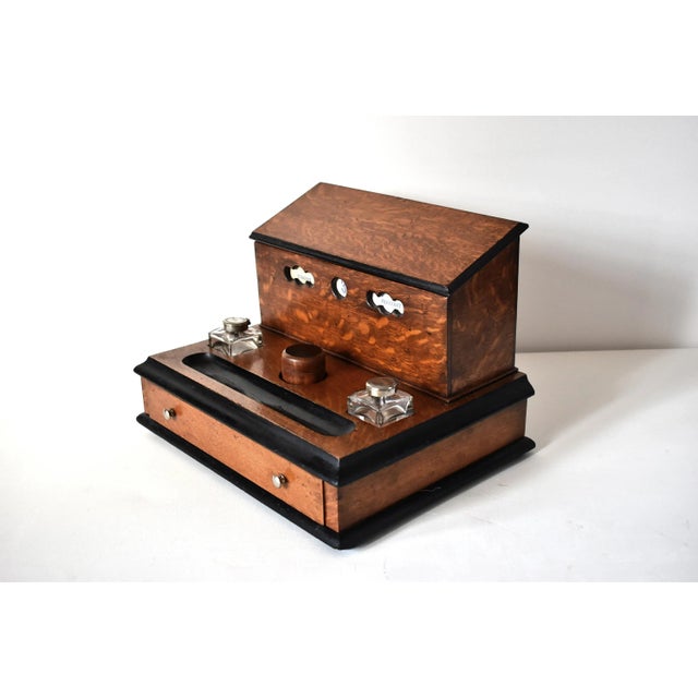 Victorian Victorian Tiger Oak Letterbox and Inkstand With Perpetual Calendar For Sale - Image 3 of 13