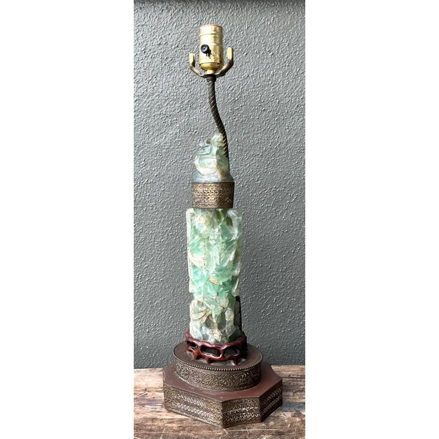 Chinoiserie Vintage Asian Carved Jadite Lamp For Sale - Image 3 of 12