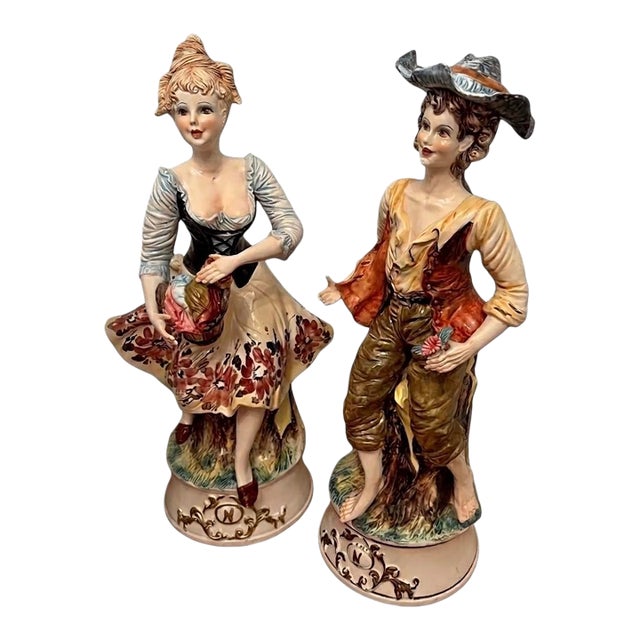Huge 28" Vintage Capodimonte Porcelain Figurine Pair - Italian Peasant Couple - Crown N Mark - XL Floor Statues Hand Painted Italy Decor For Sale