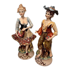 Huge 28" Vintage Capodimonte Porcelain Figurine Pair - Italian Peasant Couple - Crown N Mark - XL Floor Statues Hand Painted Italy Decor