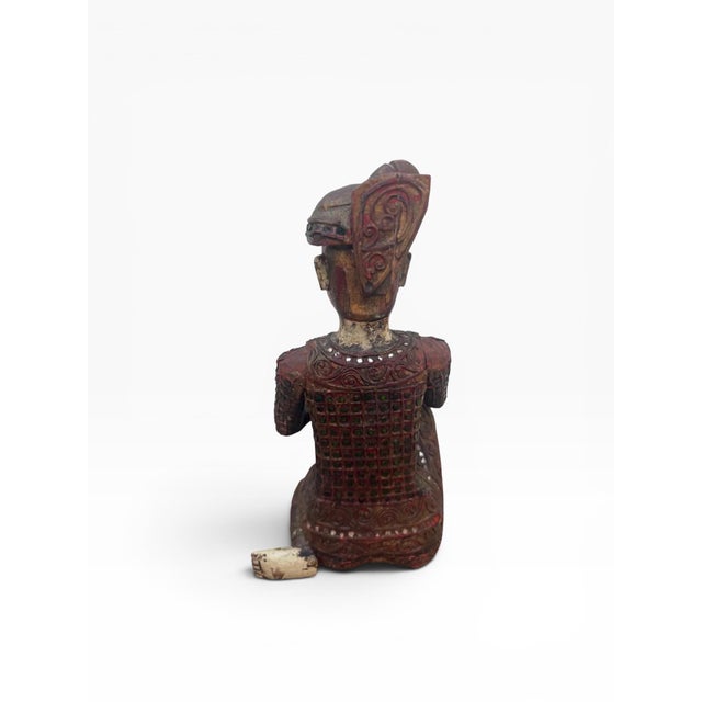 Mid 20th Century Hand-Carved Chinese Wooden Figural Sculpture of Seated Musician With Trumpet-Style Instrument For Sale - Image 9 of 17
