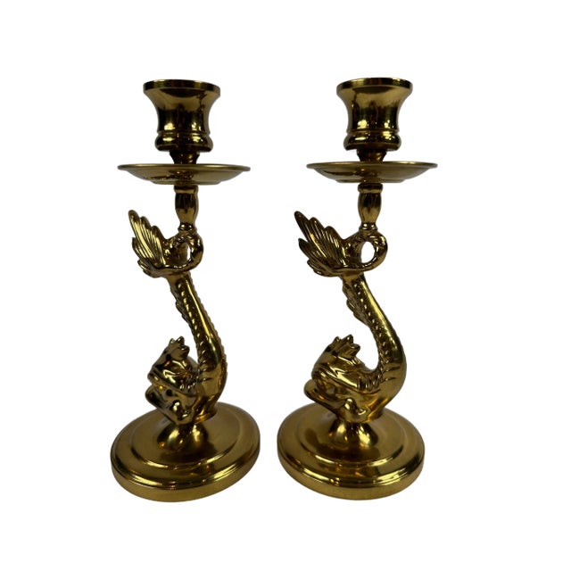 20th Century Brass Brighton Dolphin Neoclassical Candle Holders - a Pair For Sale - Image 4 of 7