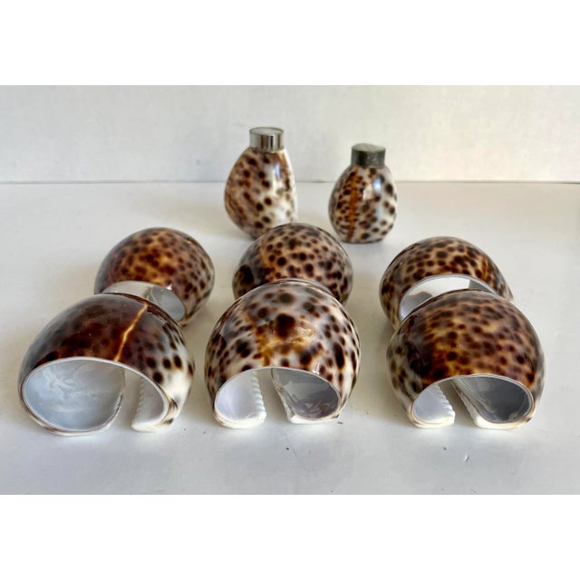 Shell Vintage Tiger Cowrie Shell Salt/Pepper and Napkin Rings Set - Set of 8 For Sale - Image 7 of 11