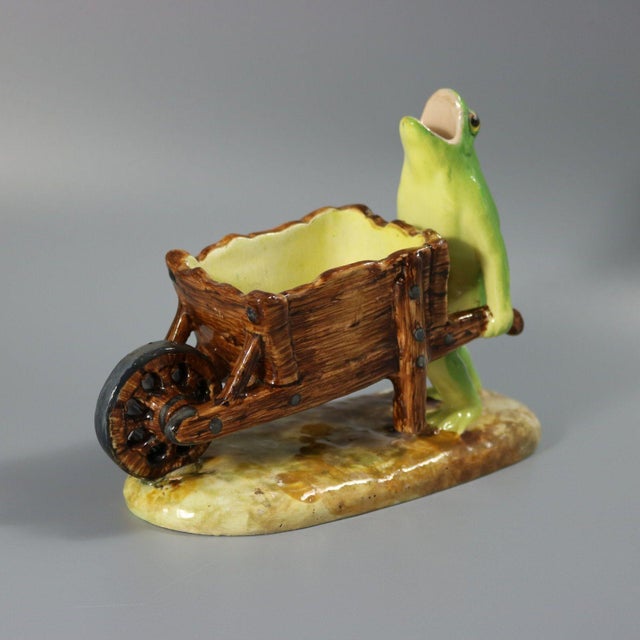 Jerome Massier Majolica Frog With Wheelbarrow For Sale - Image 4 of 14