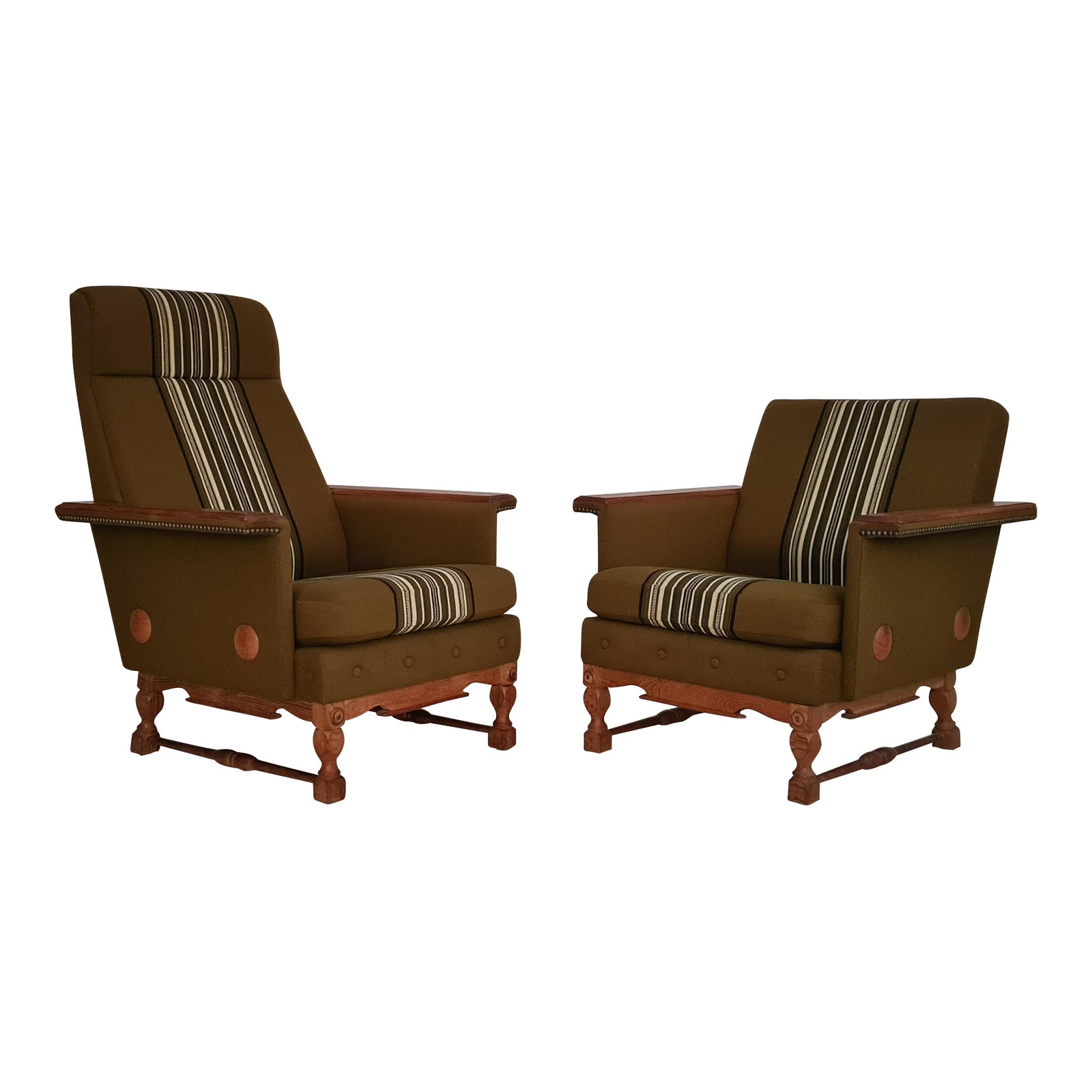 1970s, Danish Design, Set of Armchairs, Oak Wood, Wool, Original