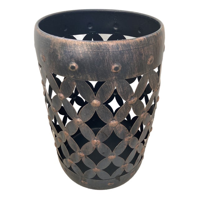 Antiqued Look Modern Trellis Metal Umbrella Stand Garden Stool or Side Table For Sale