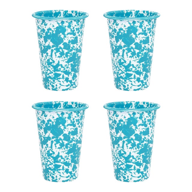 Crow Canyon Home Splatterware, 14 oz. Tumblers in Turquoise & White - Set of 4 For Sale
