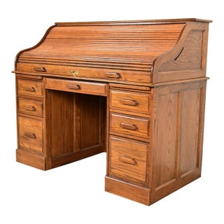 Victorian Carved Solid Oak Roll Top Desk For Sale