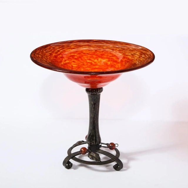Schneider Glass Art Deco Mottled Carnelian Glass Bowl W/ Wrought Iron Base Signed by Schneider For Sale - Image 4 of 12