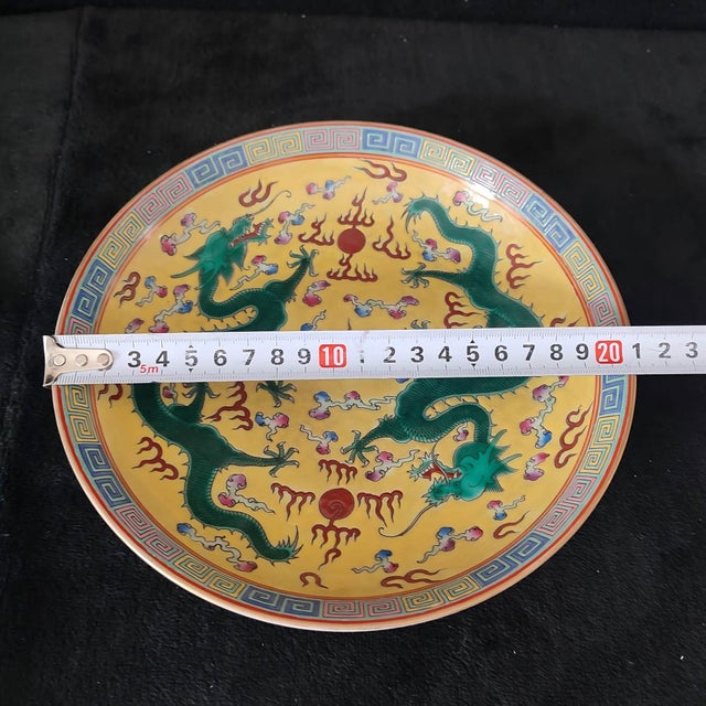 Ceramic Chinese Ceramic Plate,Qianlong Marked Yellow Ground Famille Rose Porcelain Plate Hand Painted Double Dragon Pattern For Sale - Image 7 of 10