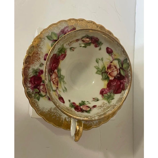 Victorian Vintage Royal Sealy Japan Roses & Heavy Gold Filigree Footed Tea Cup & Saucer Set For Sale - Image 3 of 12