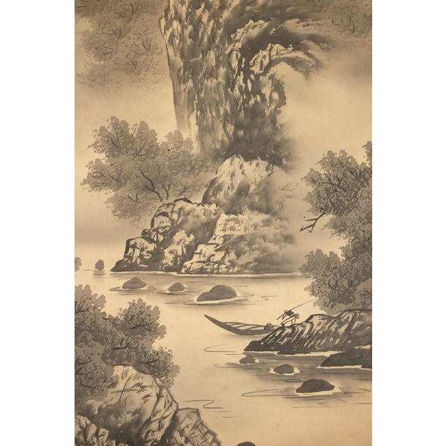1920s C. 1920 Taisho Era Japanese Silk Scroll Ink Landscape Painting For Sale - Image 5 of 18