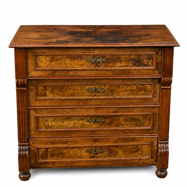 Antique Louis Philippe Chest of 4 Drawers in Walnut and Burl Veneer, 1920s For Sale - Image 11 of 11