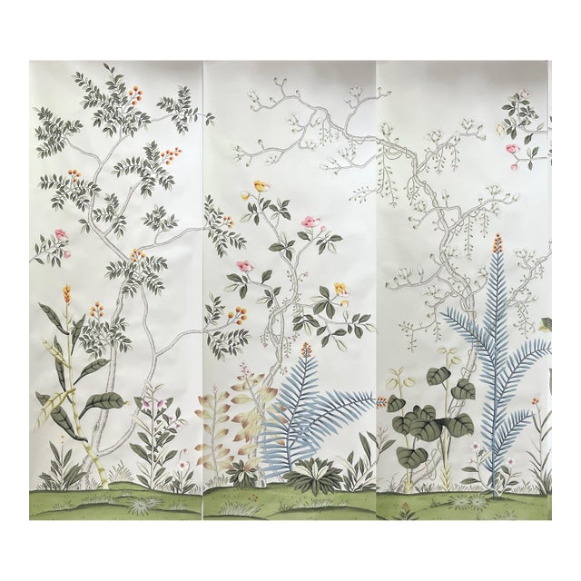Chinoiserie Tropical Garden Hand-Painted Wallpaper Panels, Set of 3 For Sale