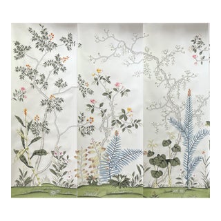 Hand-Painted Chinoiserie Garden Mural Panels | Off-White Floral & Palm Luxury Wall Art Set of 3 For Sale