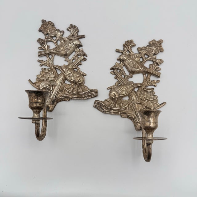 Vintage Silver-Tone Bird & Nest Wall Candle Sconces — A Pair, Made in India For Sale - Image 9 of 9