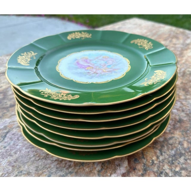 Vintage Set of 8 French Hand Painted Cherubs Gold Gilt Green Porcelain Dinner Plates For Sale - Image 9 of 12