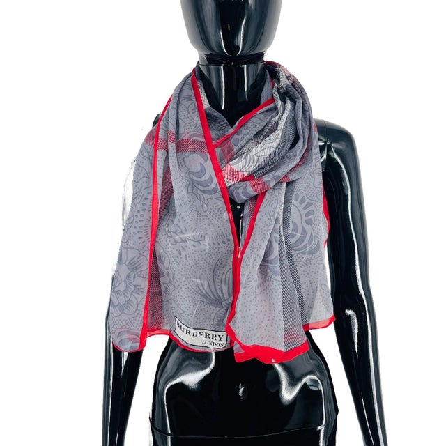 Burberry Burberry Grey Printed 100% Silk Scarf For Sale - Image 4 of 9
