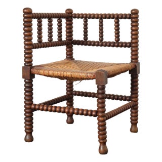 Diminutive Antique French 19th Century Bobbin Corner Chair With Rush Seat For Sale