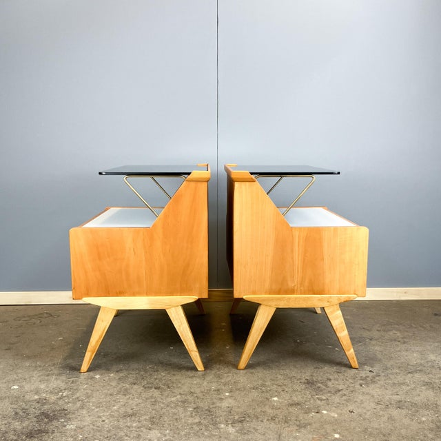Metal Pearwood Bedside Tables with Black and White Glass Tops from WK Möbel, 1950s, Set of 2 For Sale - Image 7 of 15