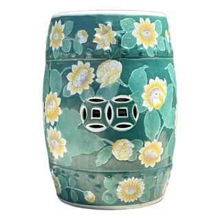 Vintage Floral Glazed Ceramic Low Stool For Sale